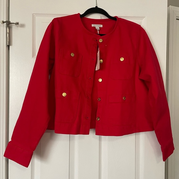 Women's Red Collarless Button Jacket by - Picture 4 of 5